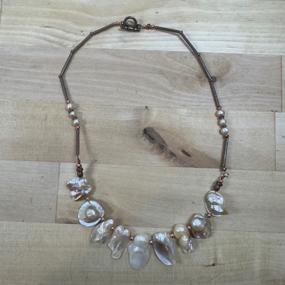 Artisan Keshi Pearl Statement Necklace Iridescent Copper Tone Toggle Clasp 18in - Picture 6 of 11